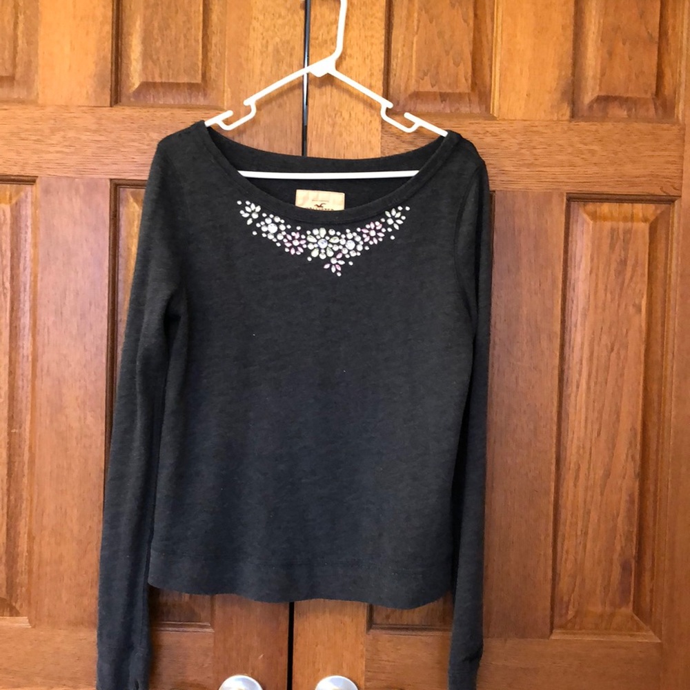 Hollister distressed blue cropped sweatshirt with boatneck and jewels Size M